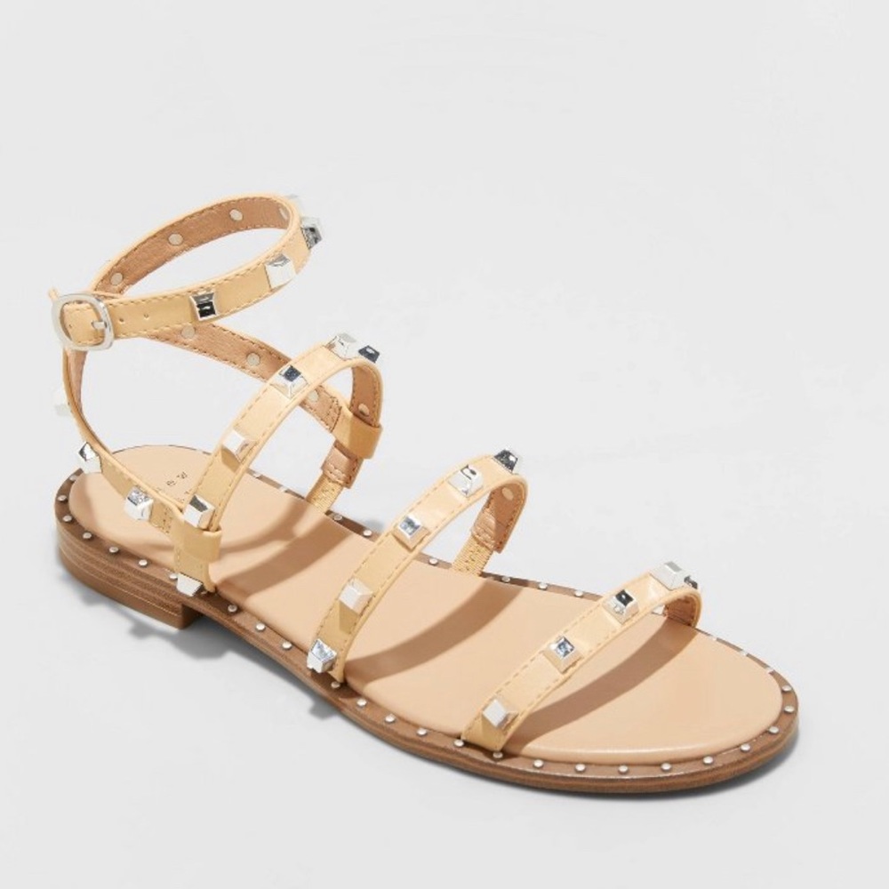 A new Day Astrid Print Strappy Tan Studded Strappy Sandals
